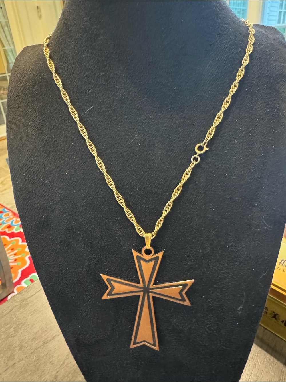 Large Cross Pendant Necklace Gold Tone Black Enamel Religious Statement Jewelry